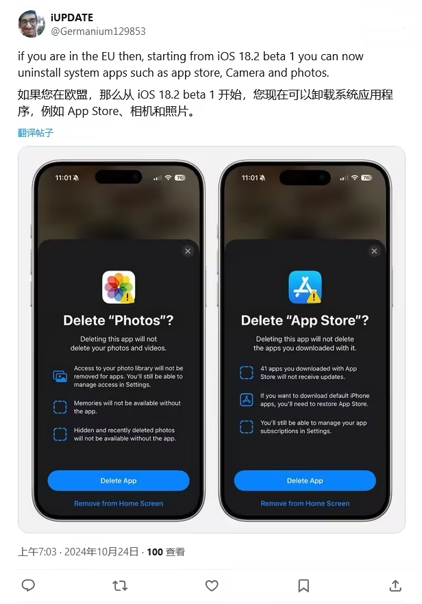 西岗苹果手机维修分享iOS 18.2 支持删除 App Store 应用商店 